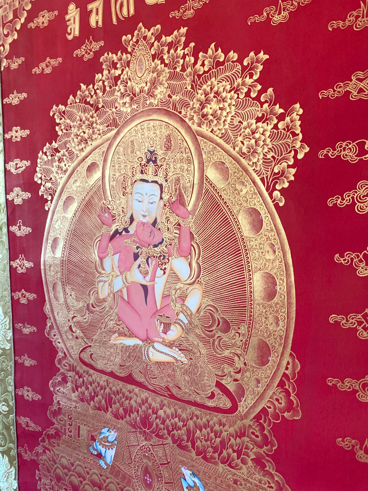 Vajrasattva With Consort Red Gold Brocade Thangka