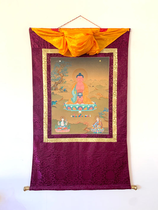 Amitabha Karma Gadri Burgundy Brocade Thangka