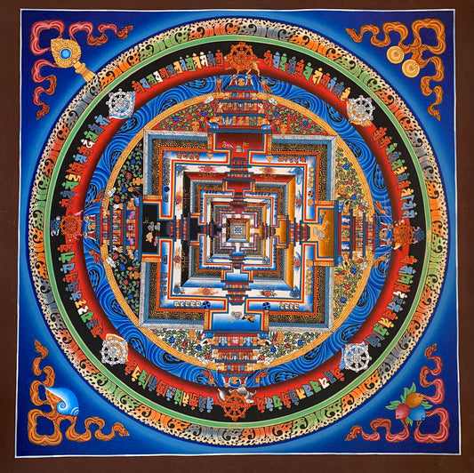 Kalachakra Mandala Eight Auspicious Symbols Blue Unbrocaded Thangka