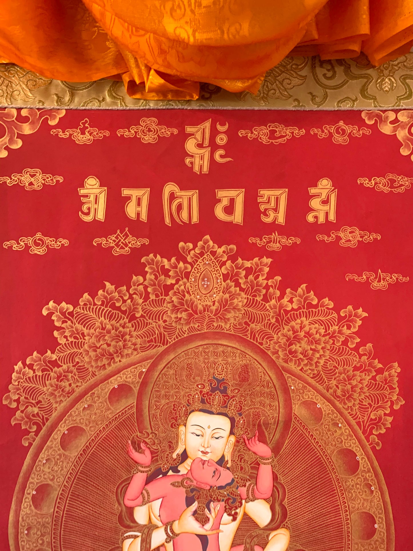 Vajrasattva With Consort Red Gold Brocade Thangka