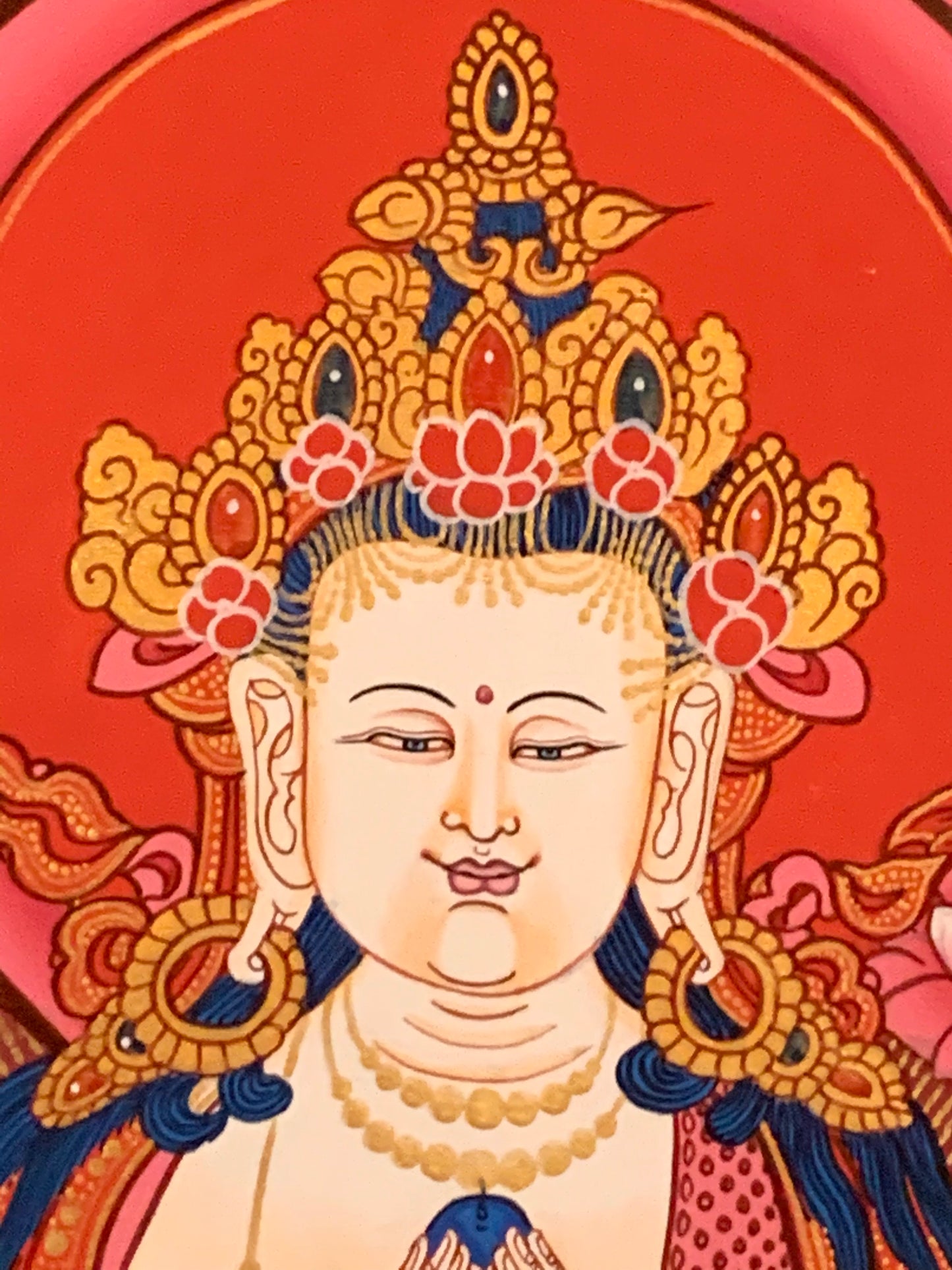 Chenrezig Five Dhyani Buddhas Red Light Brocade Thangka