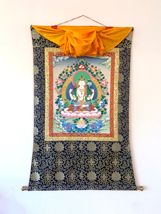 Chenrezig Blue Gold Floral Brocade Thangka