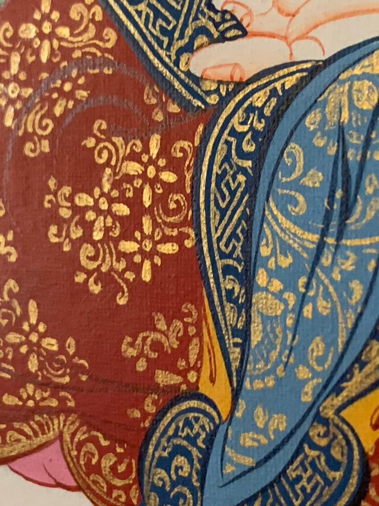 Chenrezig Blue Gold Floral Brocade Thangka