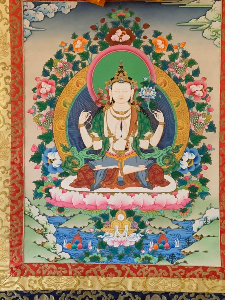 Chenrezig Blue Gold Floral Brocade Thangka