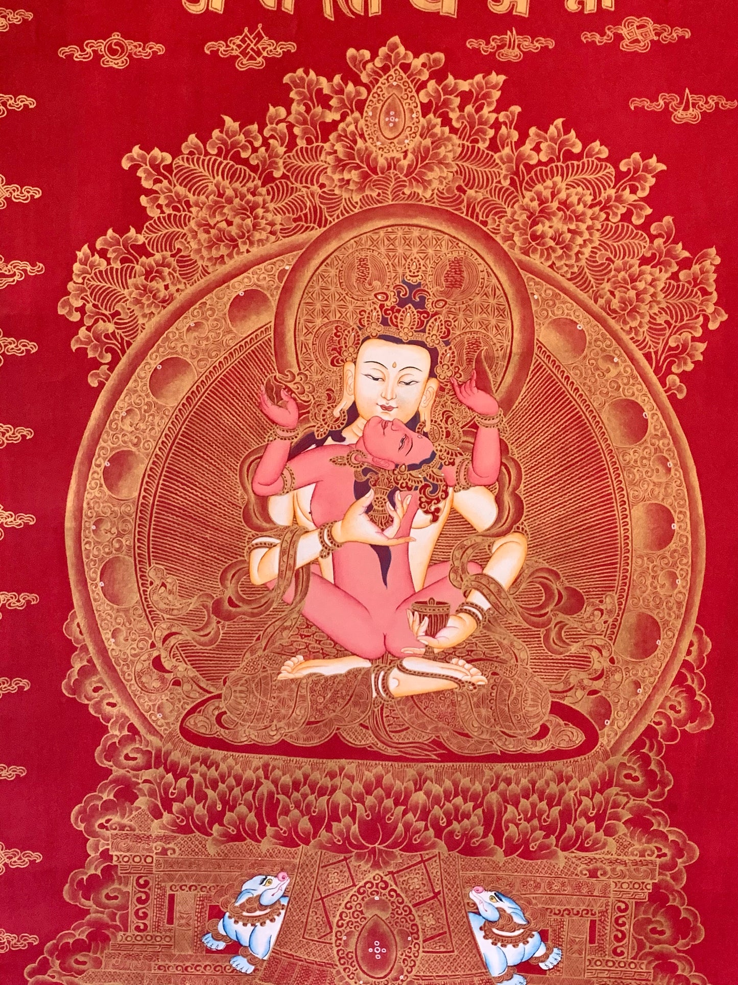 Vajrasattva With Consort Red Gold Brocade Thangka