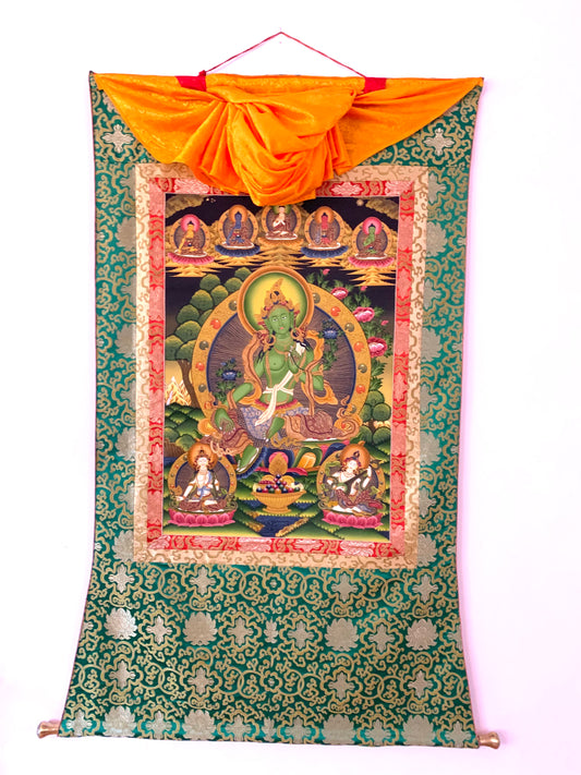 Green Tara Five Dhyani Buddhas Green Brocade Thangka