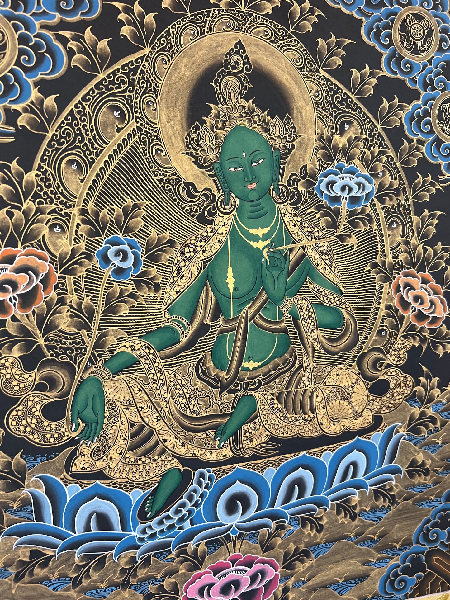 Green Tara Black And Gold Thangka