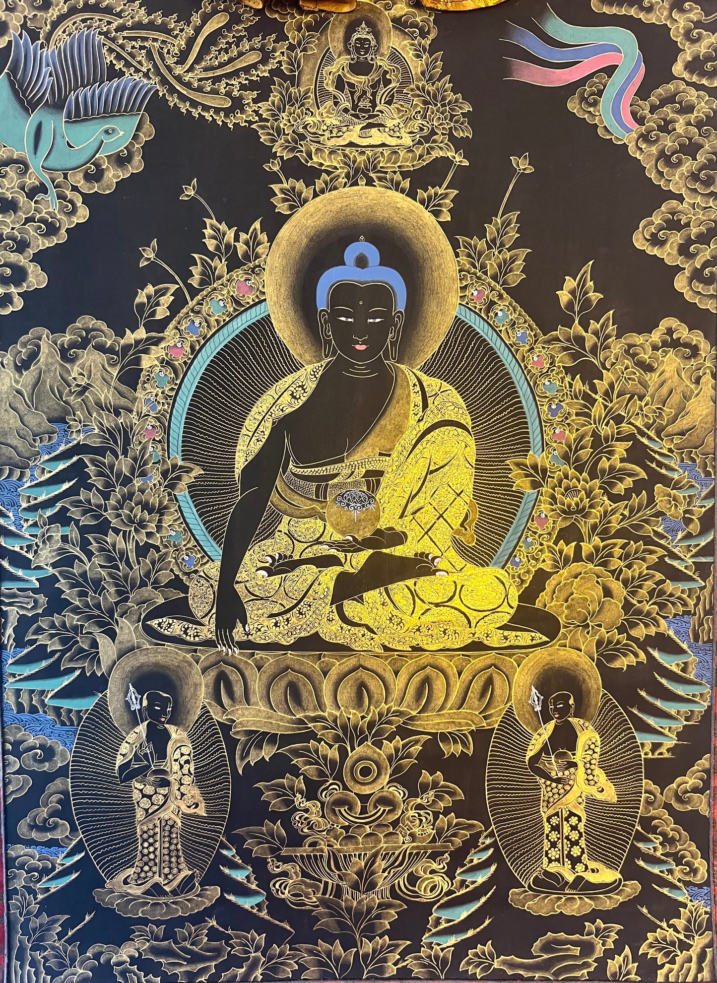 Shakyamuni With Attendants Black Gold Thangka