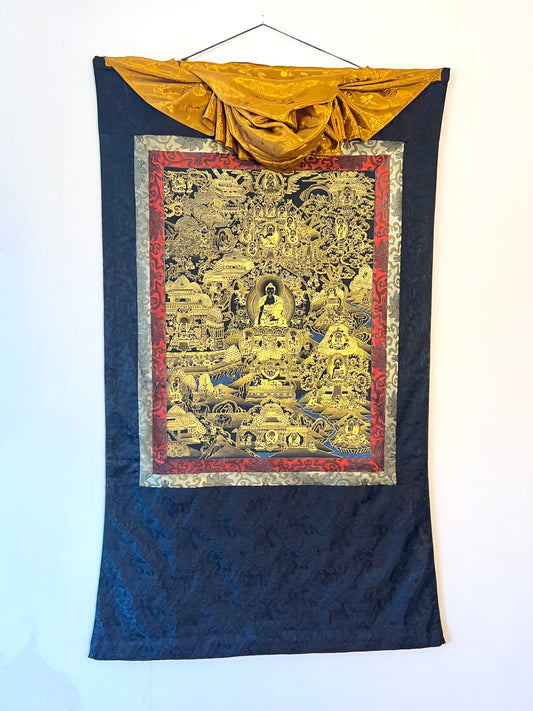 Shakyamuni Life Story Black and Silver Thangka