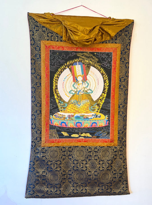 Dhukar White Umbrella Deity Black Background Thangka