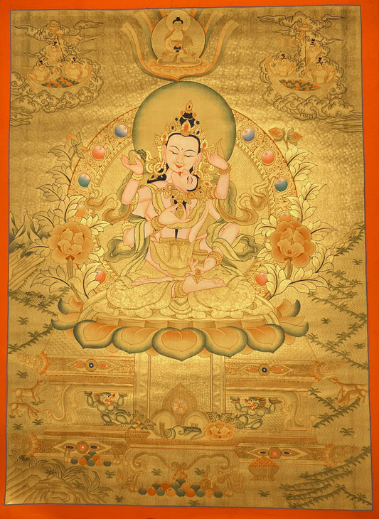 Vajrasattva With Consort Gold Unbrocaded Thangka