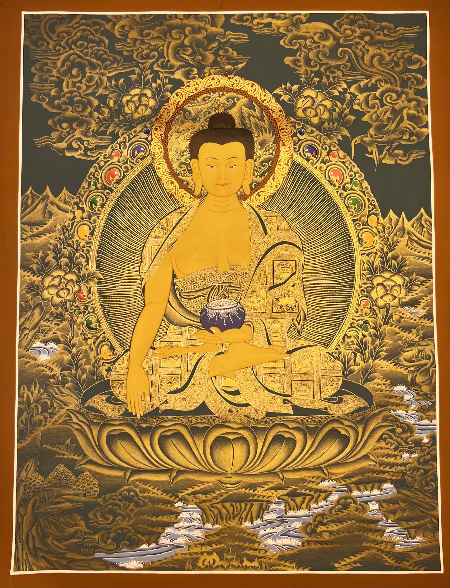 Shakyamuni Gold Blue Thangka