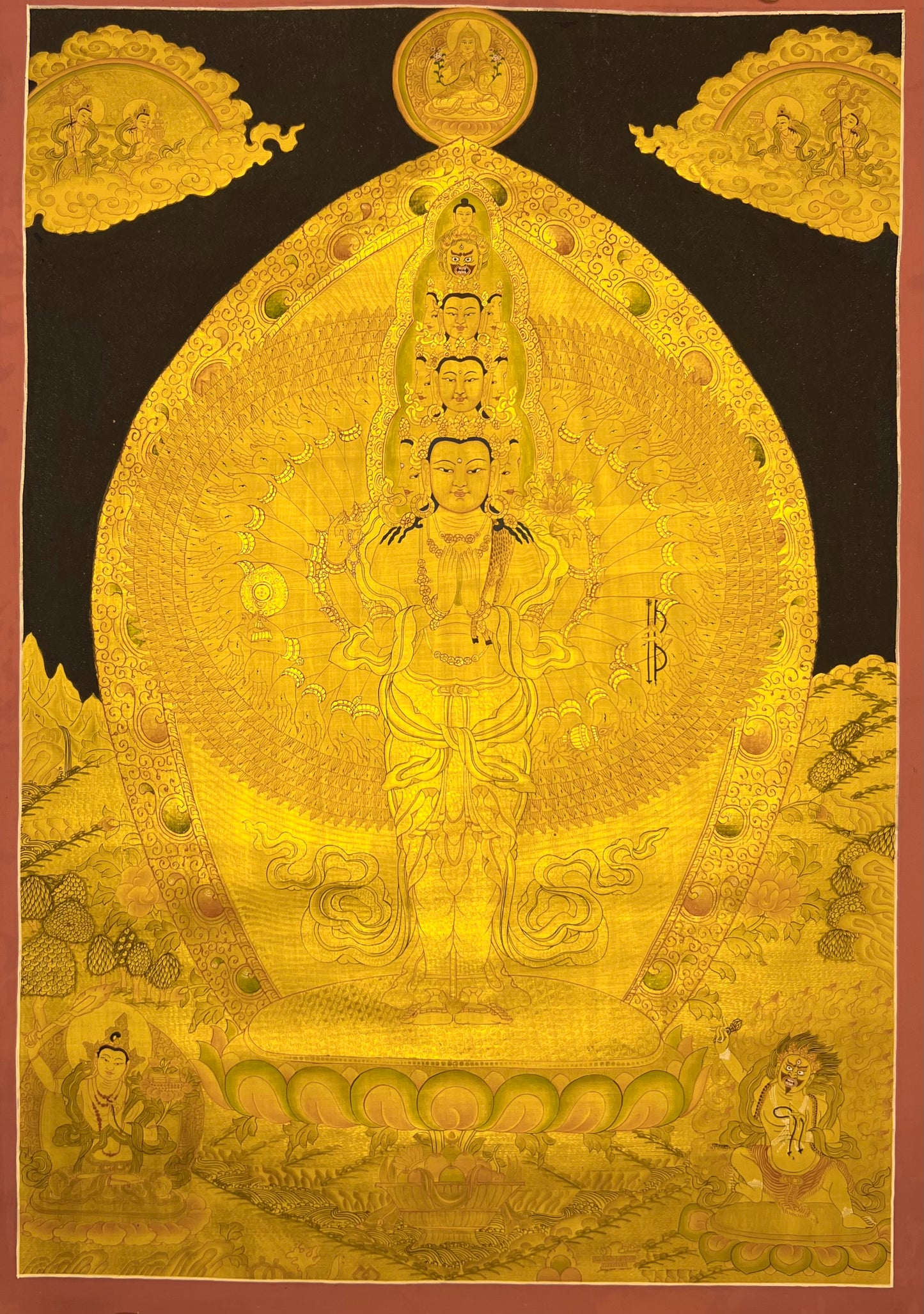 Thousand Armed Avalokiteshvara Gold Black Unbrocaded Thangka