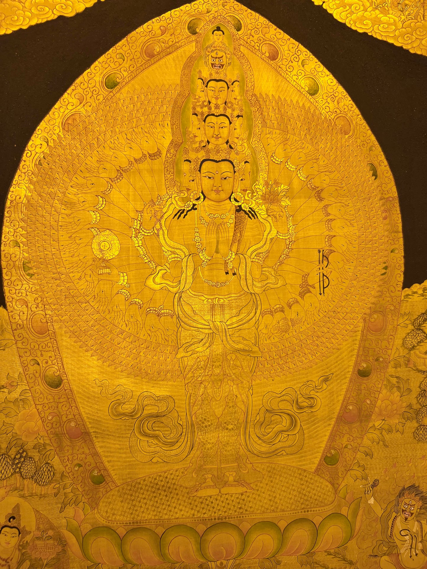 Thousand Armed Avalokiteshvara Gold Black Unbrocaded Thangka