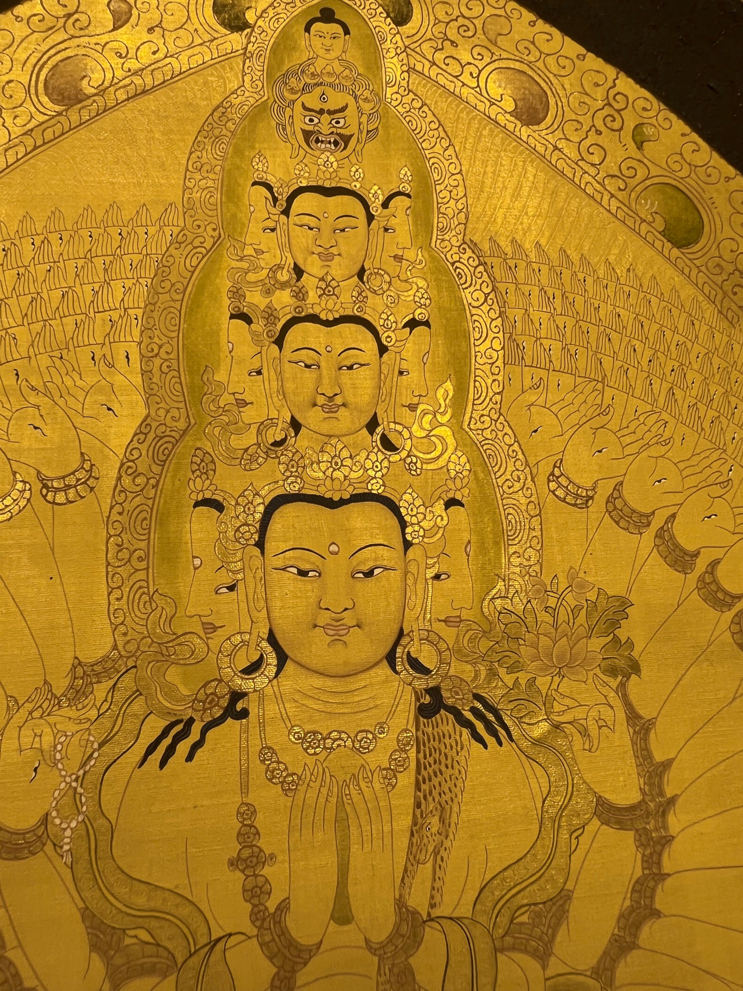 Thousand Armed Avalokiteshvara Gold Black Unbrocaded Thangka