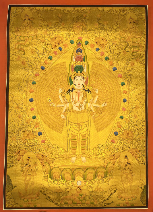 Thousand Armed Avalokiteshvara Gold Unbrocaded Thangka