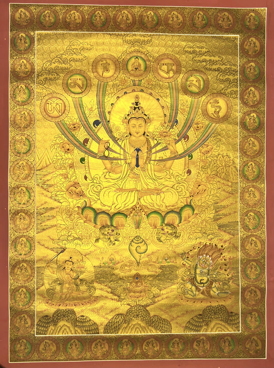 Chenrezig Om Mani Padme Hum Golden Thangka