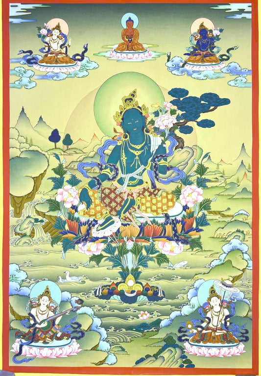 Green Tara With Saraswati And Dhukar Unbrocaded Thangka