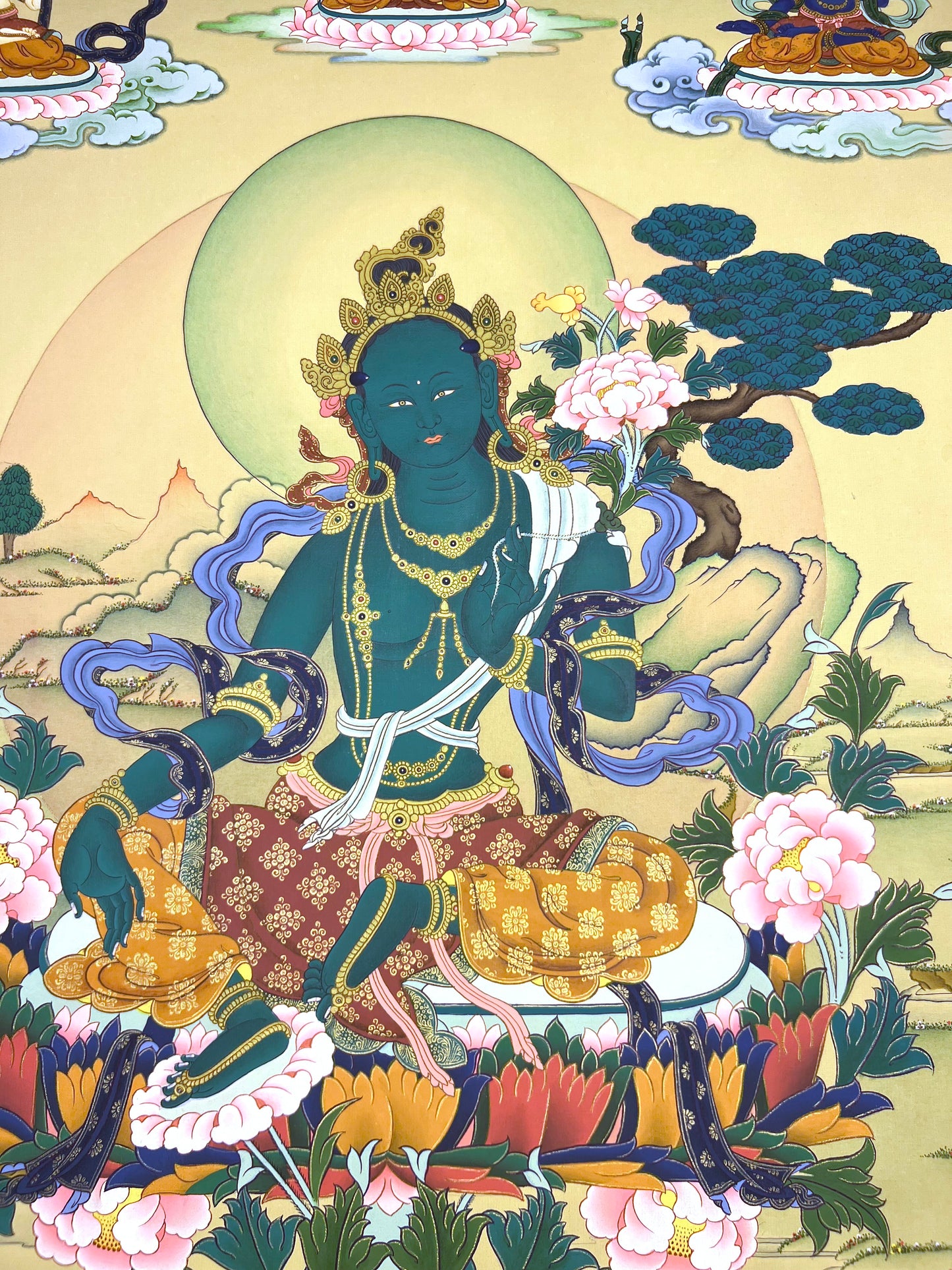 Green Tara With Saraswati And Dhukar Unbrocaded Thangka