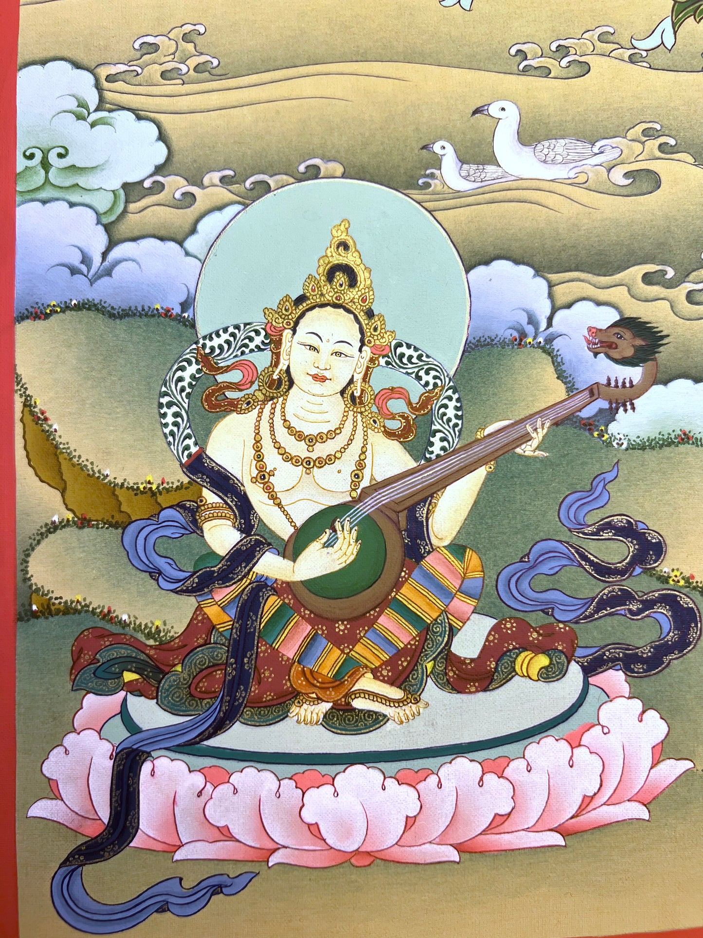 Green Tara With Saraswati And Dhukar Unbrocaded Thangka