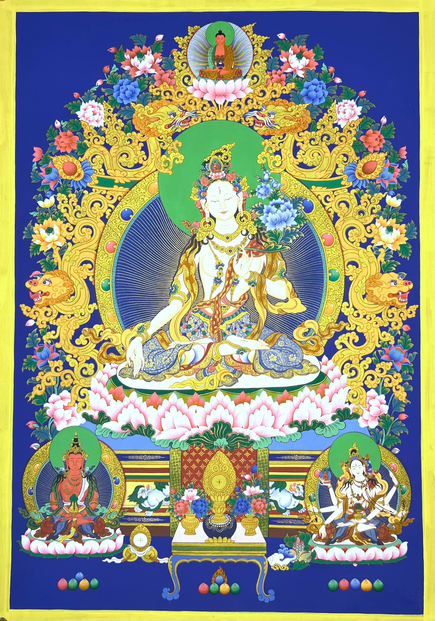 White Tara On Blue Long Life Unbrocaded Thangka