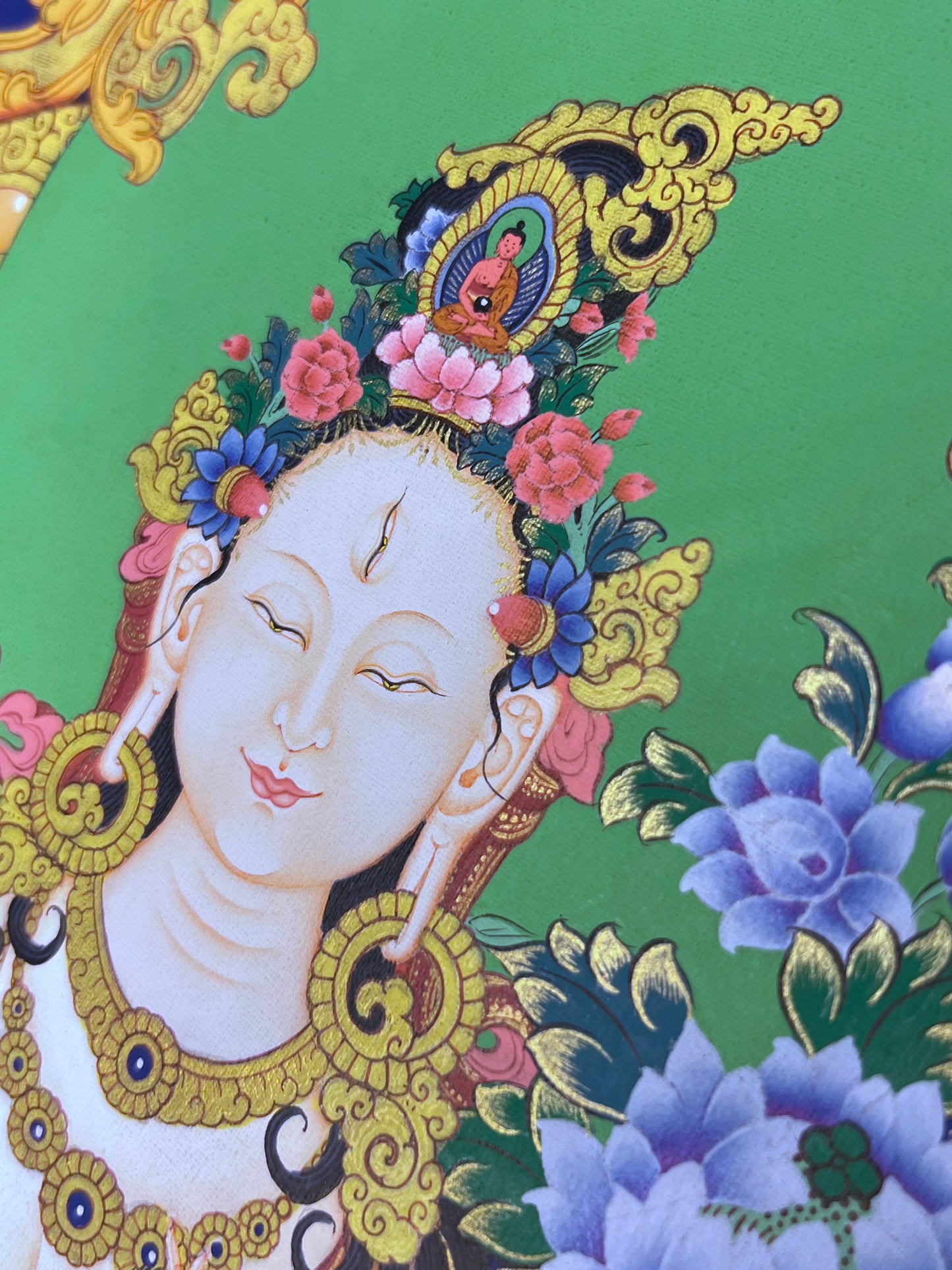 White Tara On Blue Long Life Unbrocaded Thangka