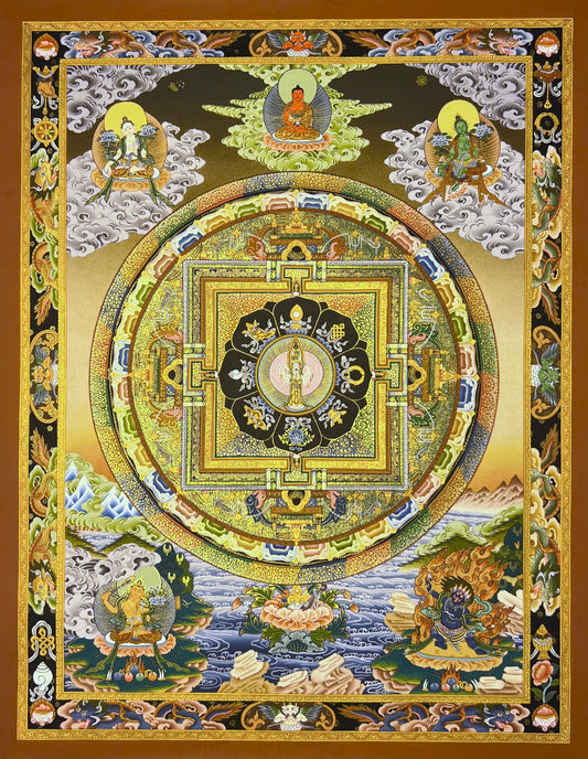 Thousand Armed Avalokiteshvara Mandala W/ Eight Auspicious Symbols Unbrocaded Thangka