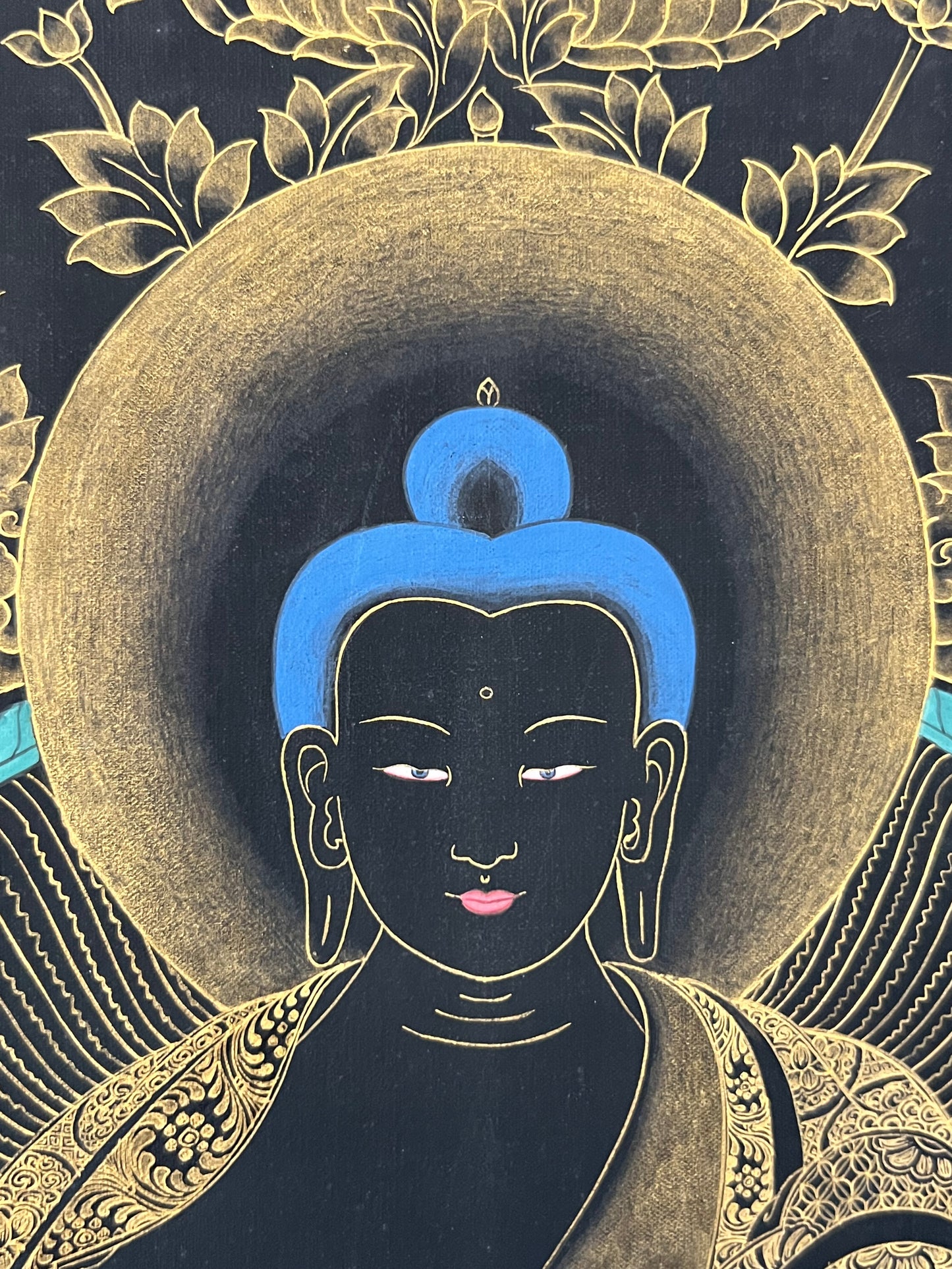 Shakyamuni With Attendants Black Gold Thangka