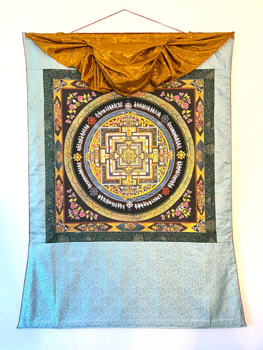 Kalachakra Mandala With Eight Auspicious Symbols Aqua Brocade Thangka