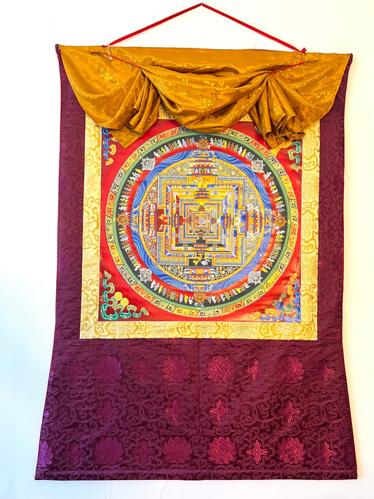 Kalachakra Mandala Eight Auspicious Symbols On Red Background Thangka