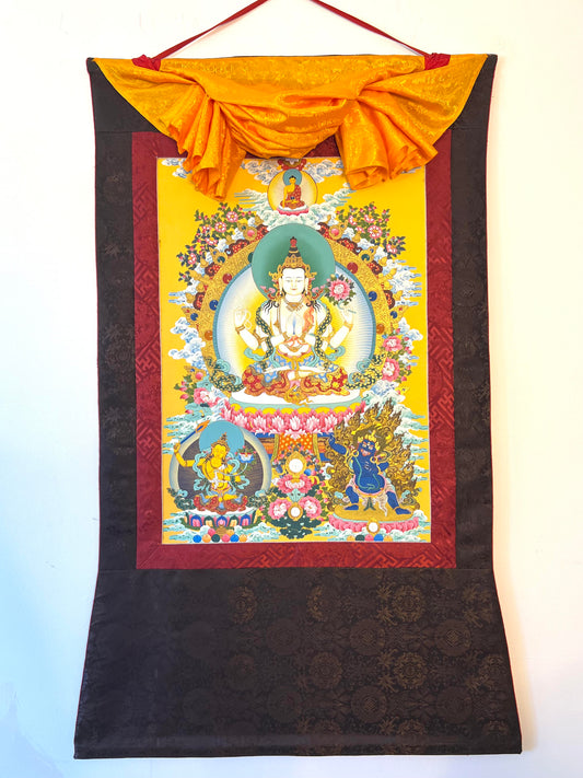 Chenrezig Compassion Thangka on Yellow Background Thangka