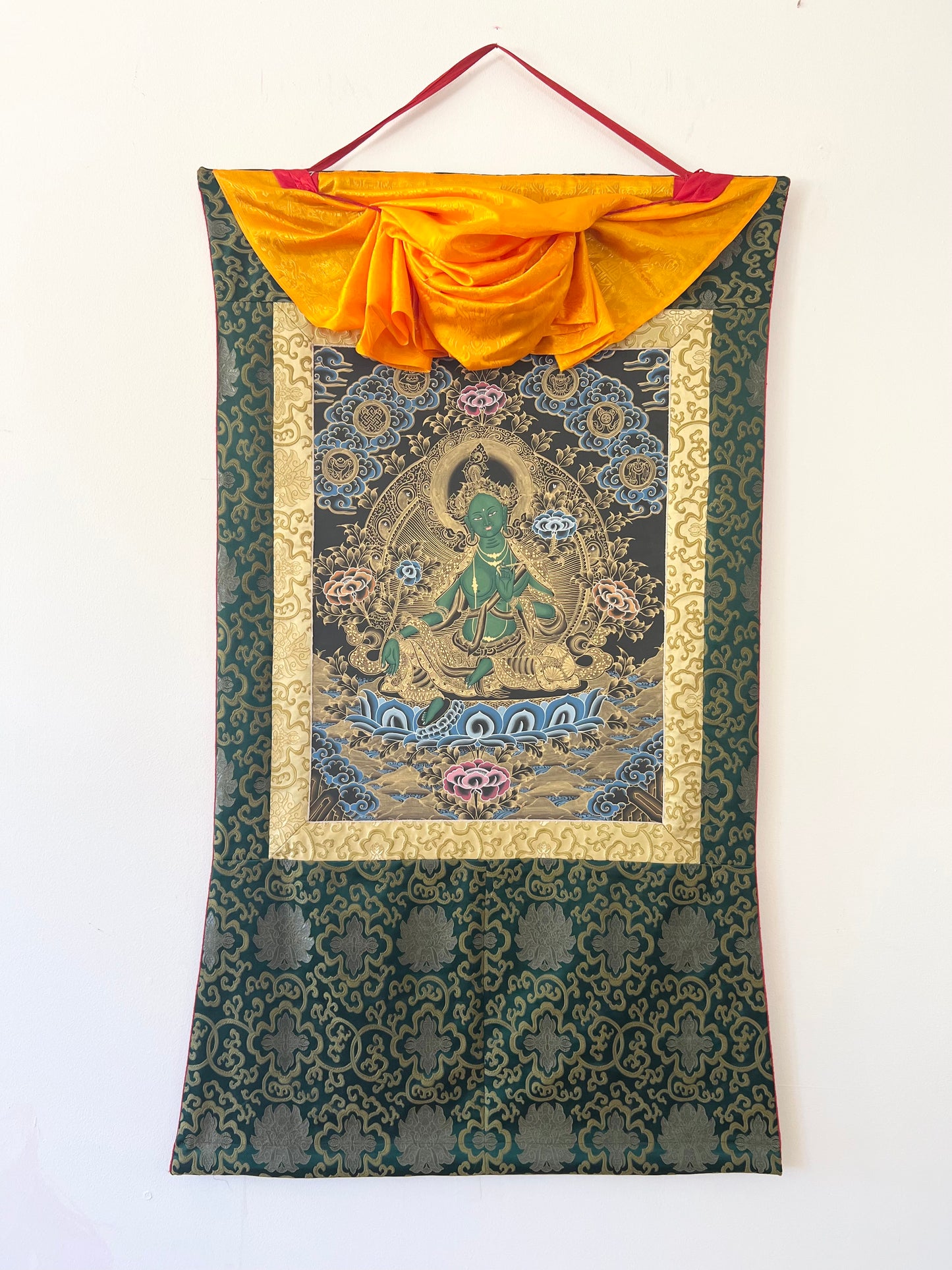 Green Tara Black And Gold Thangka